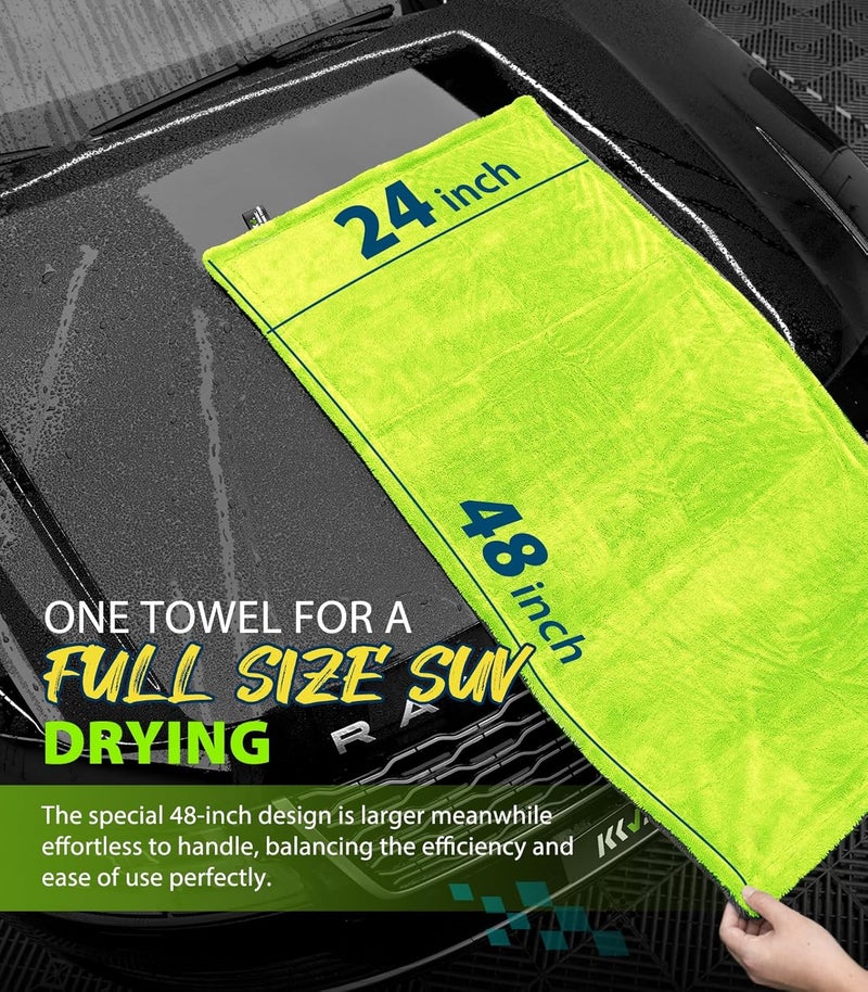 KKV Full-Sized SUV Drying Towel, 48”x24” Dual Sided Microfiber Car Cleaning Towel with Twisting Yarn Technique, 1400GSM Super Absorbent, Scratch-Free, Machine Washable (Darkgray-GreenYellow) Wide use selected material - Image 2