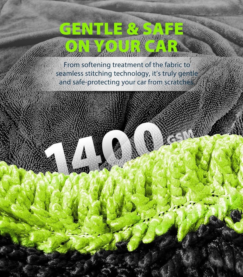 KKV Full-Sized SUV Drying Towel, 48”x24” Dual Sided Microfiber Car Cleaning Towel with Twisting Yarn Technique, 1400GSM Super Absorbent, Scratch-Free, Machine Washable (Darkgray-GreenYellow) Wide use selected material - Image 3