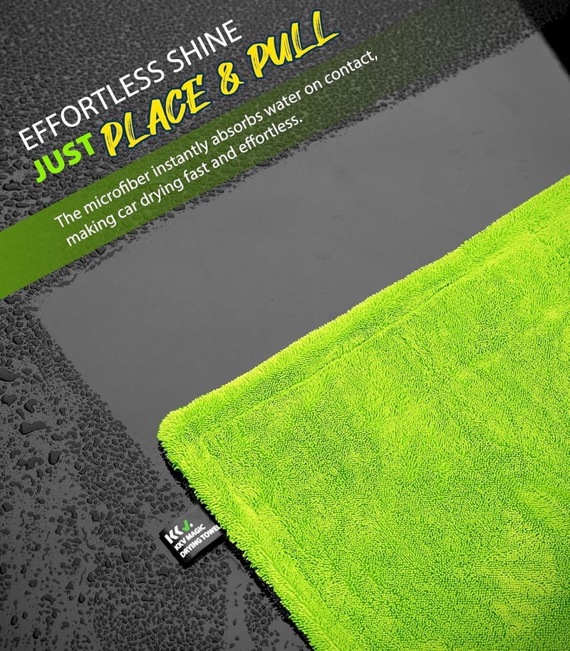 KKV Full-Sized SUV Drying Towel, 48”x24” Dual Sided Microfiber Car Cleaning Towel with Twisting Yarn Technique, 1400GSM Super Absorbent, Scratch-Free, Machine Washable (Darkgray-GreenYellow) Wide use selected material - Image 5