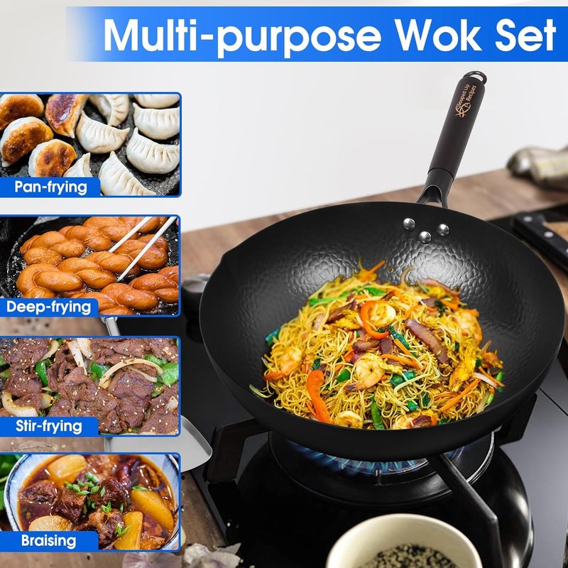 Souped Up Recipes Carbon Steel Wok For Electric, Induction and Gas Stoves (Lid, Spatula and User Guide Video Included) - Image 2