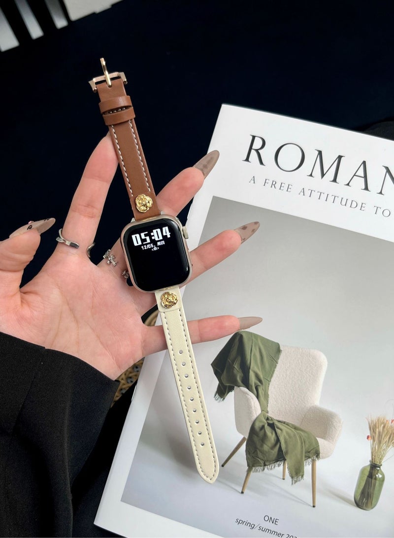 أوليسون فرقة جلدية مع سحر الورد متوافقة مع فرقات ساعة آبل للنساء 38/40/41/42 مم ، أزياء جديدة أعلى جلد أصلي رقيق رقيق حزام جلدي لسلسلة iWatch 10/9/8/7/6/5/4/3/2/1 / SE / Ultra والبني والأبيض - Image 2