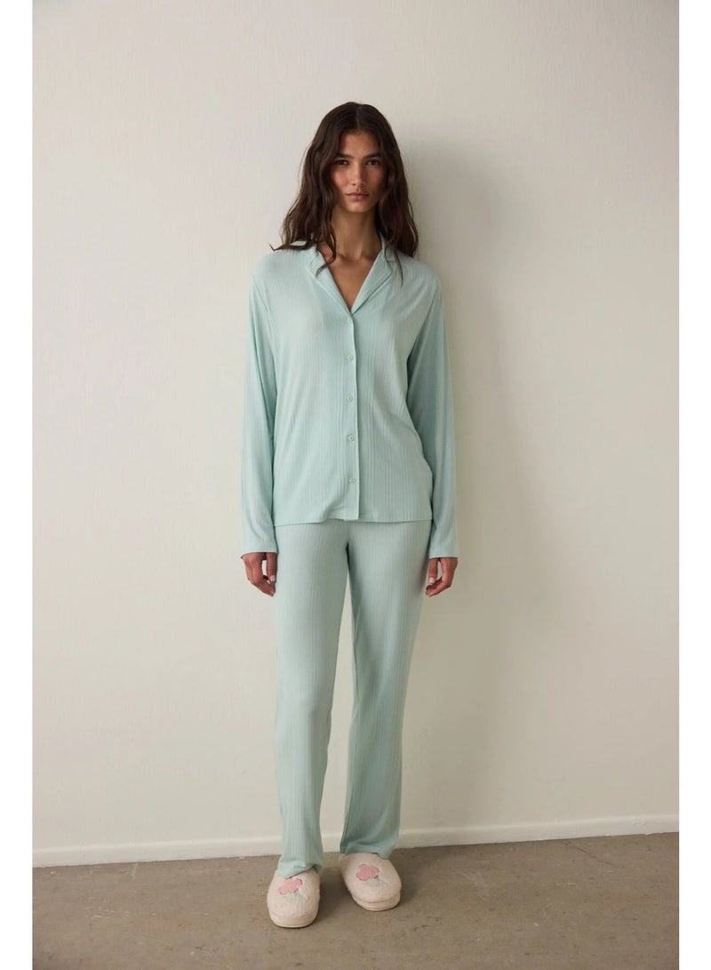 Penti Greenish Ribbed Pajama Set - Image 1
