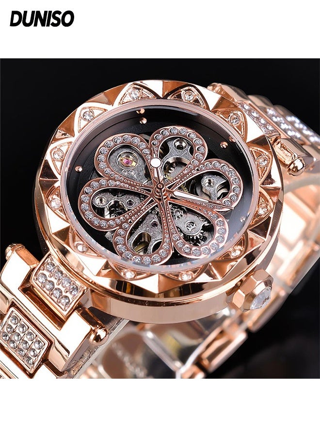 DUNISO ساعة ميكانيكية أوتوماتيكية للنساء، مع ألماس ونقش زهور، ساعة معصم ميكانيكية Hollow مقاومة للماء بحزام وردي ذهبي - Image 1