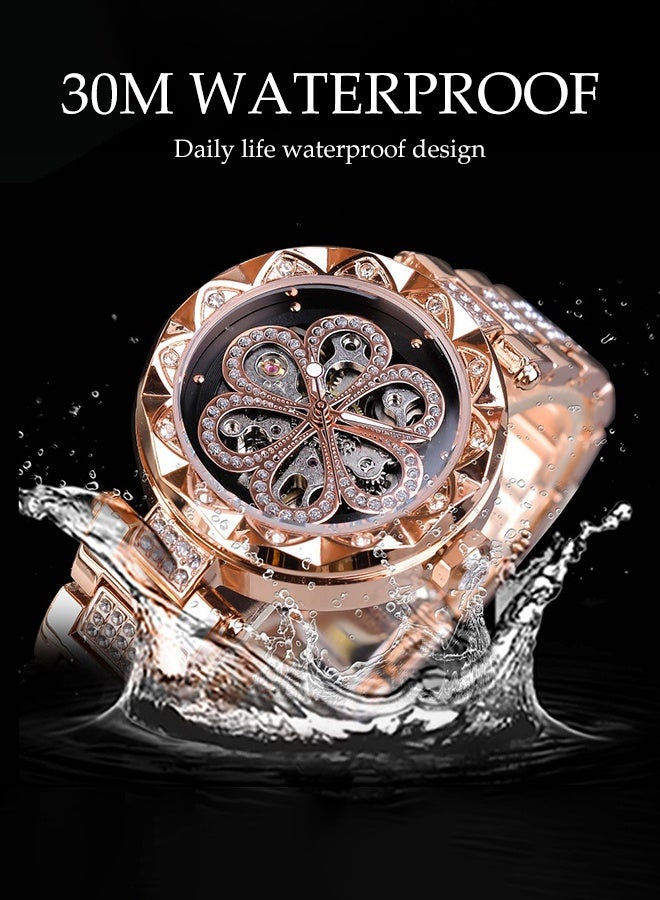 DUNISO ساعة ميكانيكية أوتوماتيكية للنساء، مع ألماس ونقش زهور، ساعة معصم ميكانيكية Hollow مقاومة للماء بحزام وردي ذهبي - Image 3