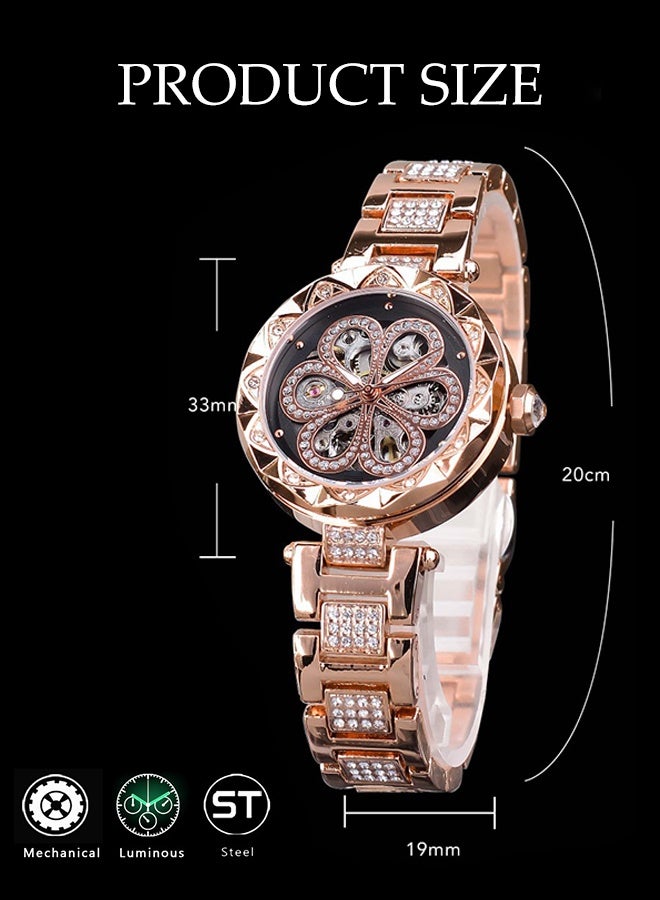 DUNISO ساعة ميكانيكية أوتوماتيكية للنساء، مع ألماس ونقش زهور، ساعة معصم ميكانيكية Hollow مقاومة للماء بحزام وردي ذهبي - Image 2