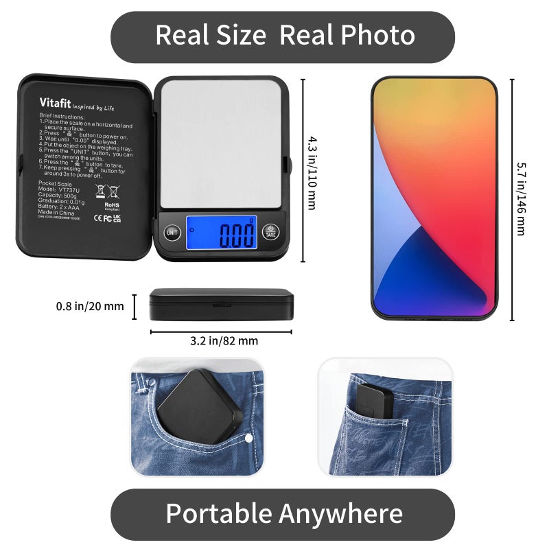 Vitafit ميزان جيب رقمي فيتافيت 500 جرام، دقة عالية مضمونة من مصنع الميزان المحترف منذ 2001، ميزان جرام 0.01 جرام للاستخدام المتعدد: مختبر، طعام، مطبخ، قهوة، مجوهرات؛ أسود - Image 2