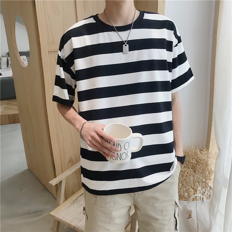 2024 Summer Men's Striped Short-sleeved T-shirt Trendy Brand Ins Clothes Half-sleeved Teenagers Hong Kong-style Half-sleeved Top - Image 1