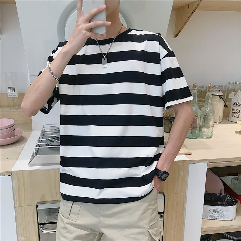 2024 Summer Men's Striped Short-sleeved T-shirt Trendy Brand Ins Clothes Half-sleeved Teenagers Hong Kong-style Half-sleeved Top - Image 2