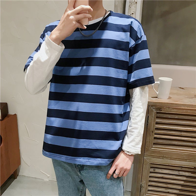 2024 Summer Men's Striped Short-sleeved T-shirt Trendy Brand Ins Clothes Half-sleeved Teenagers Hong Kong-style Half-sleeved Top - Image 5