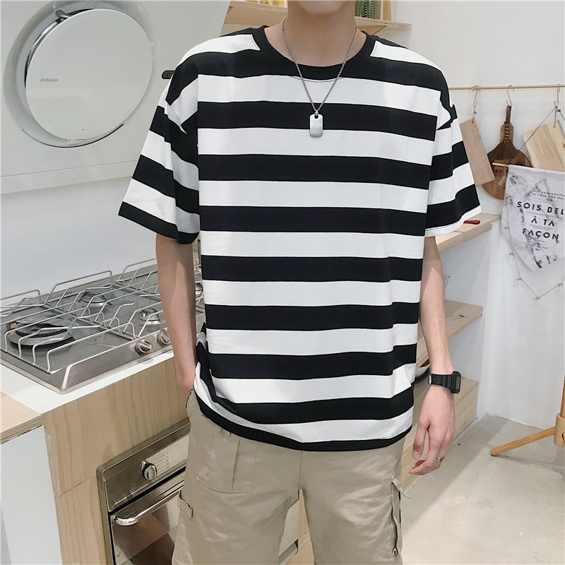 2024 Summer Men's Striped Short-sleeved T-shirt Trendy Brand Ins Clothes Half-sleeved Teenagers Hong Kong-style Half-sleeved Top - Image 3