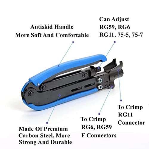 Gaobige Coaxial Compression Tool Coax Cable Crimper Kit Adjustable rg6 rg59 rg11 75-5 75-7 Coaxial Cable Stripper with 10pcs RG6 F Compression Connectors - Blue - Image 3
