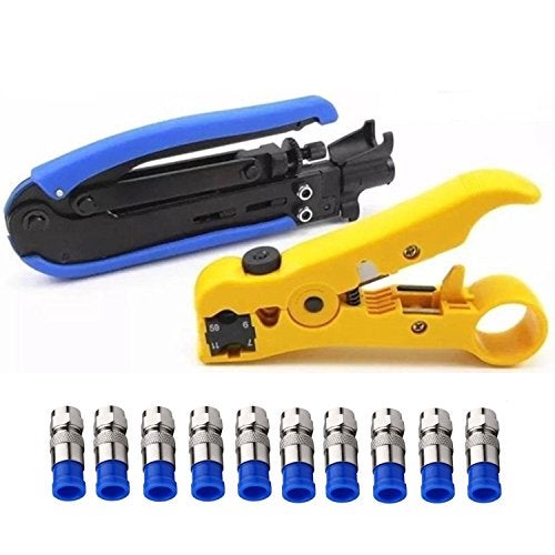 Gaobige Coaxial Compression Tool Coax Cable Crimper Kit Adjustable rg6 rg59 rg11 75-5 75-7 Coaxial Cable Stripper with 10pcs RG6 F Compression Connectors - Blue - Image 1
