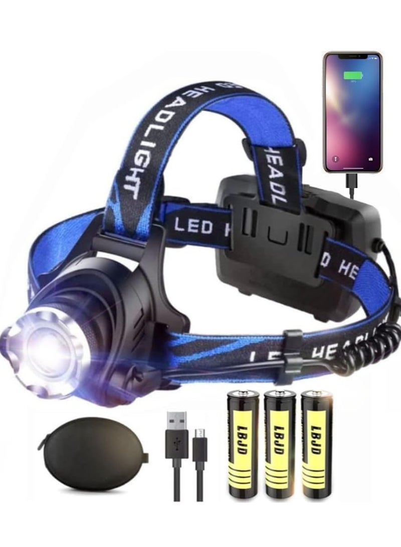 cyleto Rechargeable LED Headlamp, USB Input and Output, Super Bright, 3Pcs Battery, 15 Hours Runtime, Perfect for Camping, Fishing, Running, Biking  - Image 1