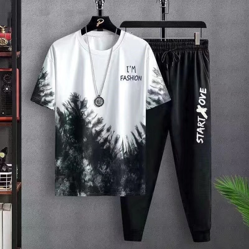 2022 Youth Sports Suit Summer Thin Set Mens Pine Black-Trousers Set 