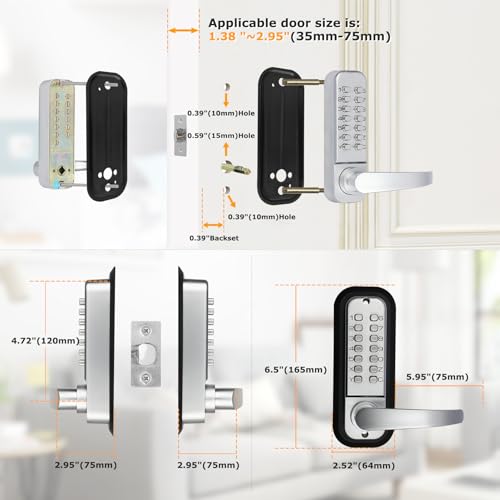 Soobool New Upgrade Double Sided Keypad Door Lock with Adjustable Deadlatch 2-3/8'' and 2-3/4'',Double Sided Keyless Door Lock with Handle, Double Sided Gate Lock for Outdoor Fences (Silvery) - Image 3
