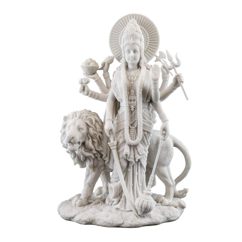 Top Collection Durga Female Hindu Statue with Lion- Divine Mother of The Universe Goddess Sculpture - Collectible East Asian New Age Figurine (White Marble) - Image 1
