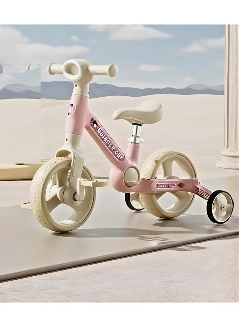 3in1 Kids Balance Bike with Training Wheels Adjustable Height, Shock-Absorbing and Silent Ride Pink - Image 1