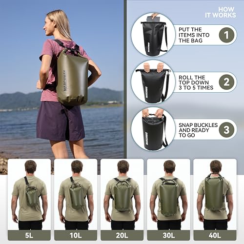 MARCHWAY Floating Waterproof Dry Bag Backpack 5L/10L/20L/30L/40L, Roll Top Sack Keeps Gear Dry for Kayaking, Rafting, Boating, Swimming, Camping, Hiking, Beach, Fishing (Army Green, 10L) - Image 4