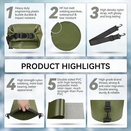 MARCHWAY Floating Waterproof Dry Bag Backpack 5L/10L/20L/30L/40L, Roll Top Sack Keeps Gear Dry for Kayaking, Rafting, Boating, Swimming, Camping, Hiking, Beach, Fishing (Army Green, 10L) - Image 5