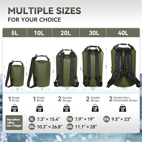 MARCHWAY Floating Waterproof Dry Bag Backpack 5L/10L/20L/30L/40L, Roll Top Sack Keeps Gear Dry for Kayaking, Rafting, Boating, Swimming, Camping, Hiking, Beach, Fishing (Army Green, 10L) - Image 3