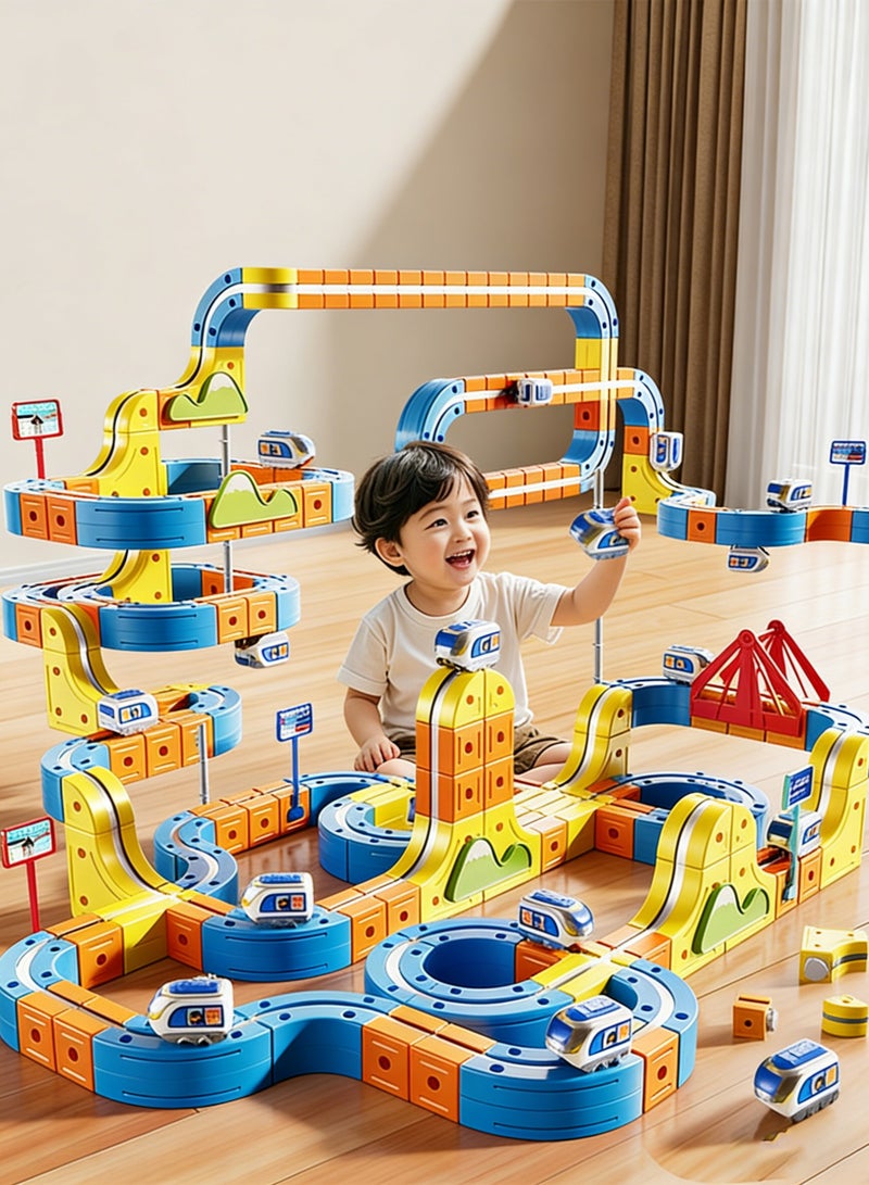 Montessori Educational magnetic building block car track toy set, including electric trains and traffic signs, suitable for boys and girls over 3 years old. Birthday and festival Ramadan gifts - Image 2