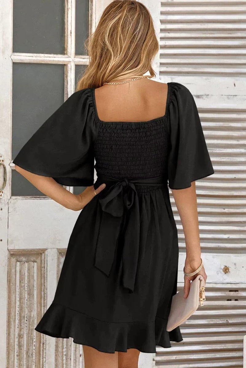 Dokotoo Dokotoo Womens Black Dresses Summer Wrap V Neck Short Sleeve Smocked Elastic Waist Tiered Belted Ruffle Hem Mini Dress Cocktail Dress XXL  - Image 2