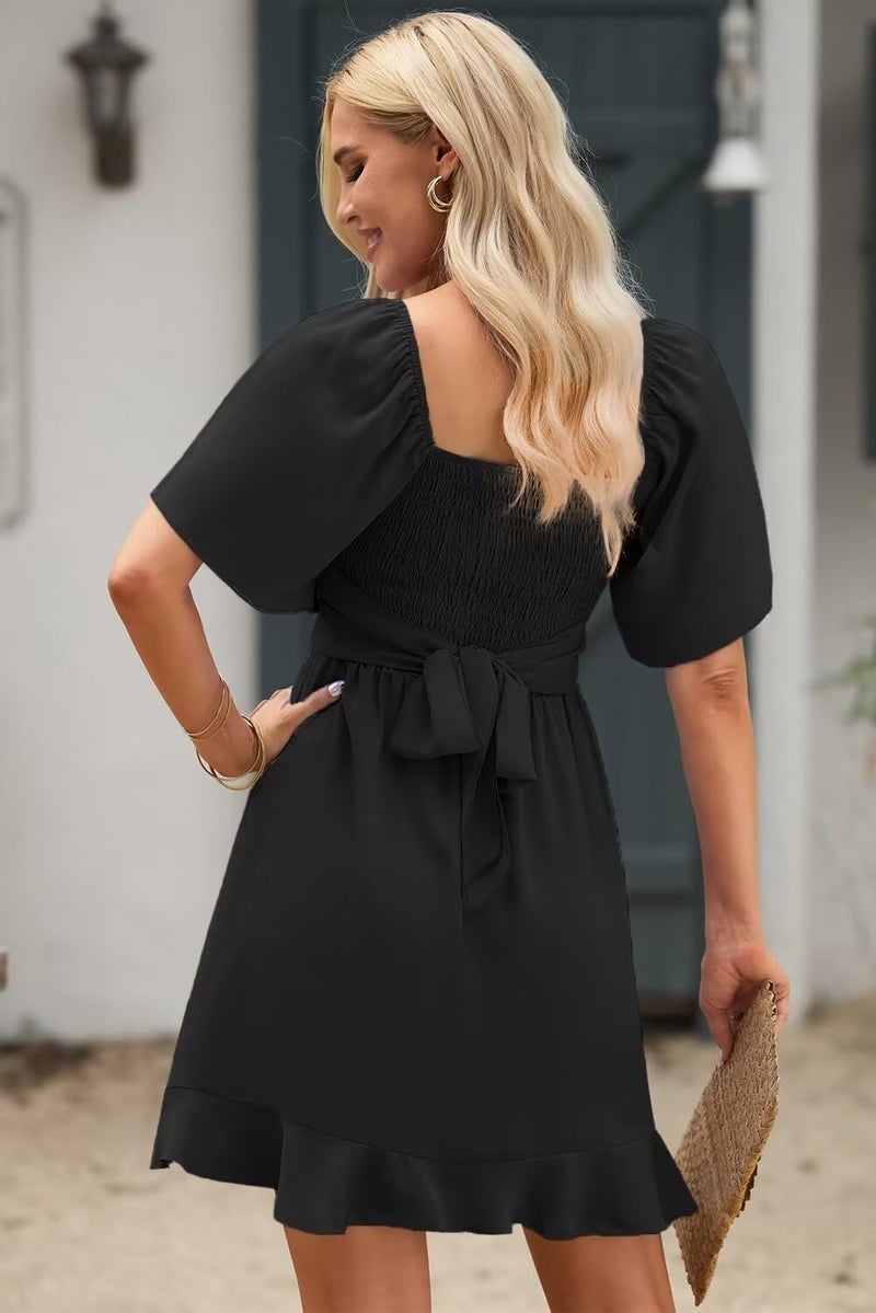Dokotoo Dokotoo Womens Black Dresses Summer Wrap V Neck Short Sleeve Smocked Elastic Waist Tiered Belted Ruffle Hem Mini Dress Cocktail Dress XXL  - Image 4