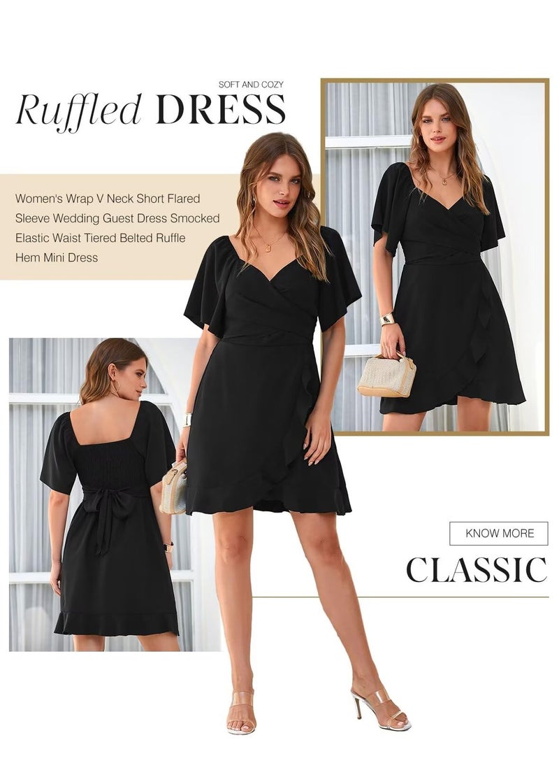 Dokotoo Dokotoo Womens Black Dresses Summer Wrap V Neck Short Sleeve Smocked Elastic Waist Tiered Belted Ruffle Hem Mini Dress Cocktail Dress XXL  - Image 5