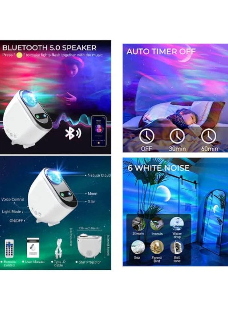 Galaxy Star Projector 3 in 1 LED Northern Lights Aurora Projector 6 White Noise Starry Moon Light with Bluetooth Speaker for Adult Kids Gift Bedroom Room Decor.