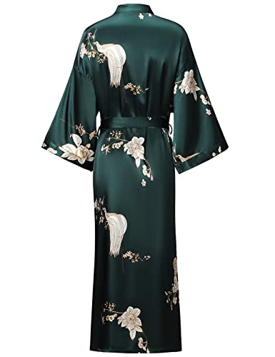 V Vaborous Women's Floral Long Satin Robe - Soft Silk Kimono, Lightweight Sleepwear for Bridesmaids, Dark Green, S/M - Image 2