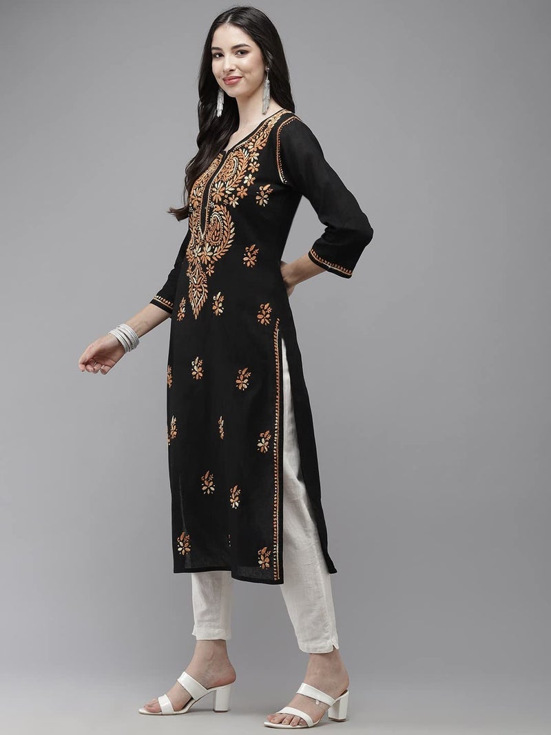 Ada Women's Straight Cotton Kurta Hand Embroidered Lucknow Chikankari Tunic Kurti A411273 (Black, XS) - Image 4