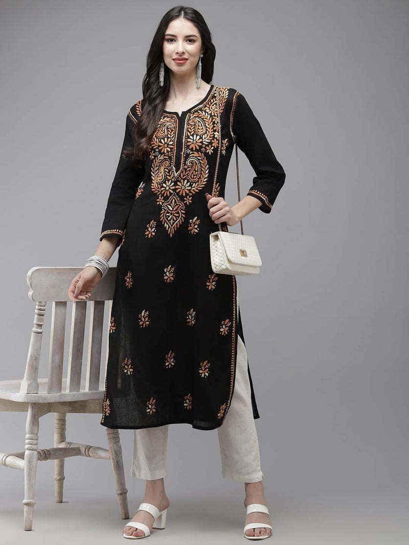 Ada Women's Straight Cotton Kurta Hand Embroidered Lucknow Chikankari Tunic Kurti A411273 (Black, XS) - Image 5