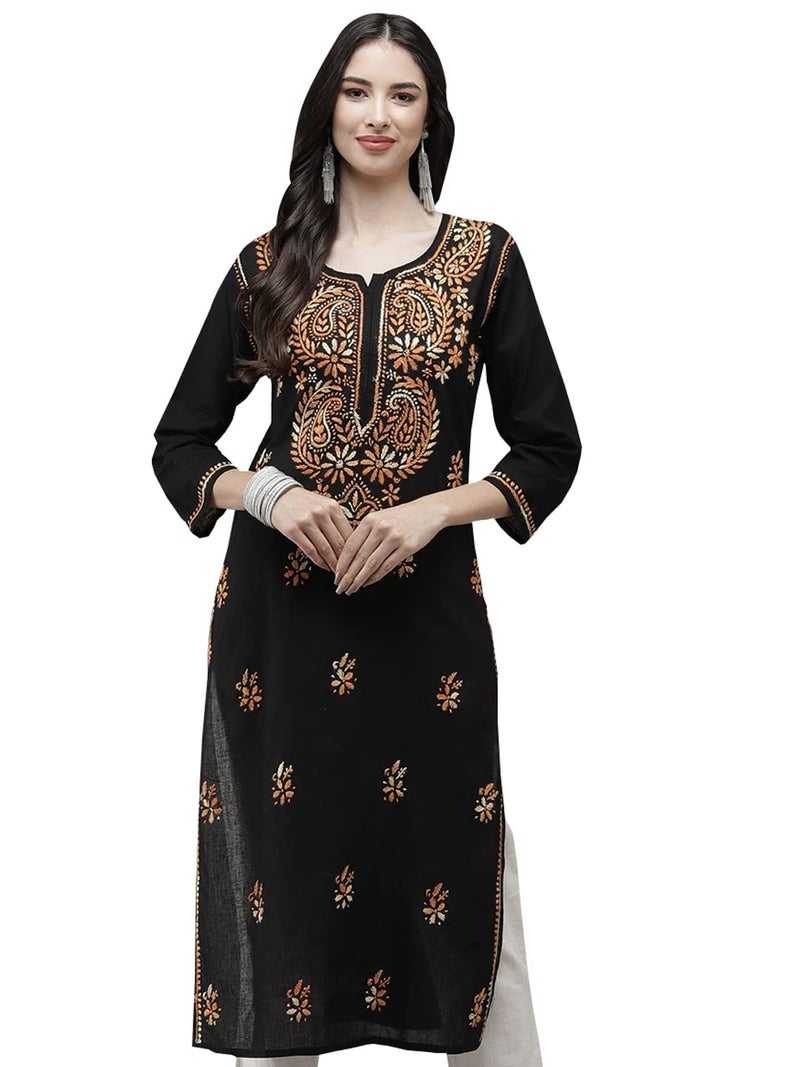 Ada Women's Straight Cotton Kurta Hand Embroidered Lucknow Chikankari Tunic Kurti A411273 (Black, XS) - Image 1