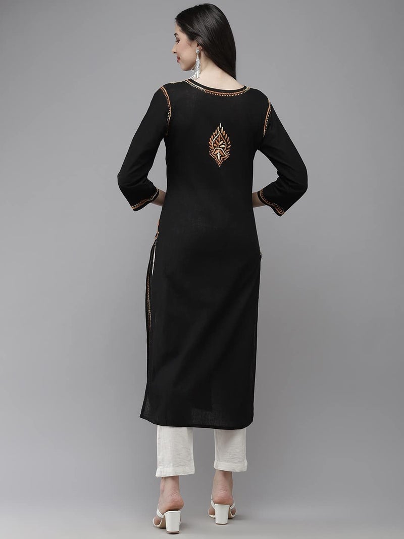 Ada Women's Straight Cotton Kurta Hand Embroidered Lucknow Chikankari Tunic Kurti A411273 (Black, XS) - Image 2