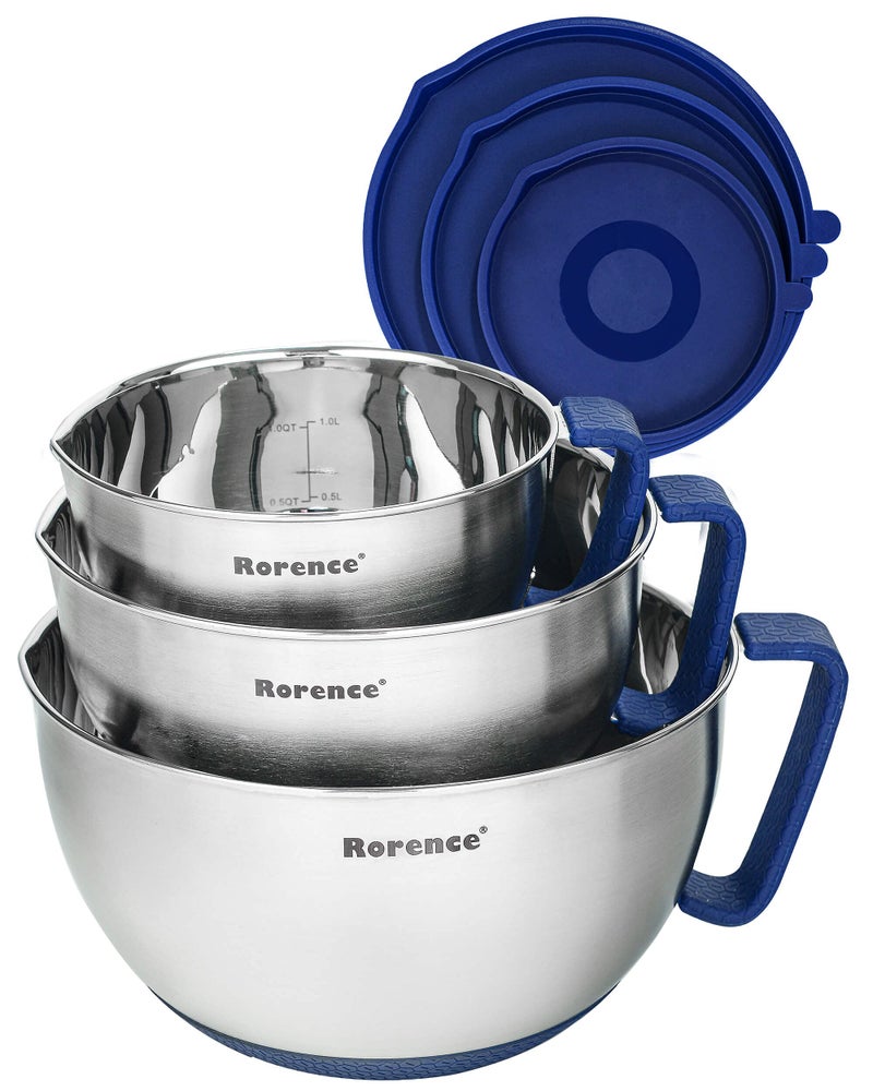 Rorence Mixing Bowls Set Stainless Steel NonSlip Bowls with Pour Spout Handle and Lid  Set of 3  Blue
