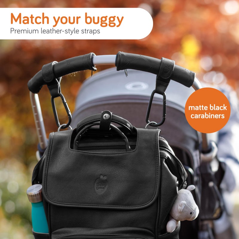 Snuz مشابك عربة الأطفال من بيبي أومّا بتصميم جلد (عبوة 2) - مشابك عربة عالمية، ملحقات عربة غير قابلة للانزلاق، تحمل 5 كجم لكل مشبك، مستلزمات السفر للأطفال (أسود) - Image 2