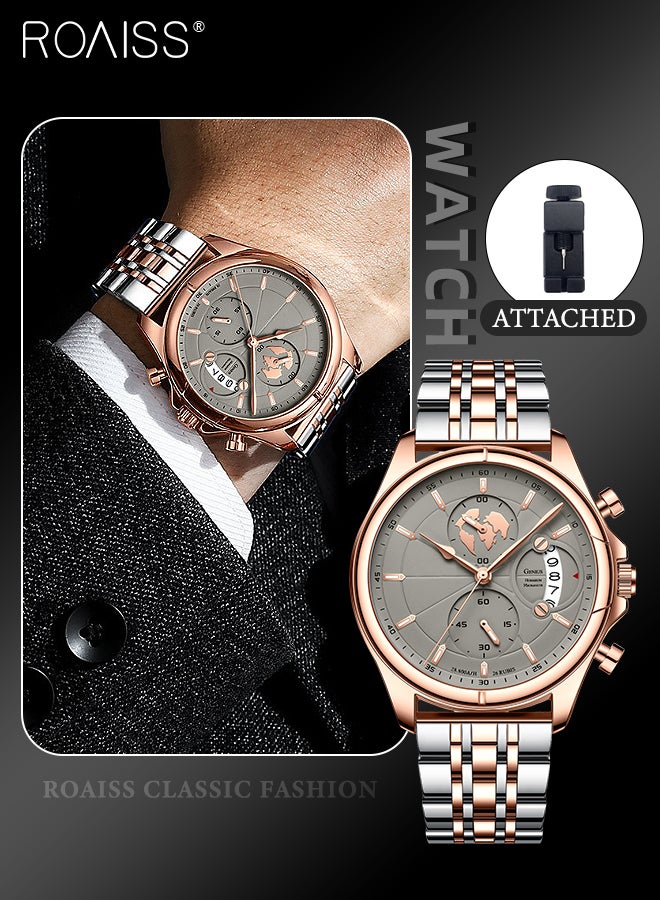 رويس ساعة كرونوغراف كوارتز بحزام من الفولاذ المقاوم للصدأ للرجال، ساعة بقرص دائري مع أقراص فرعية كرونوغراف، ساعة يد مضيئة مقاومة للماء كهدية للرجال - Image 1