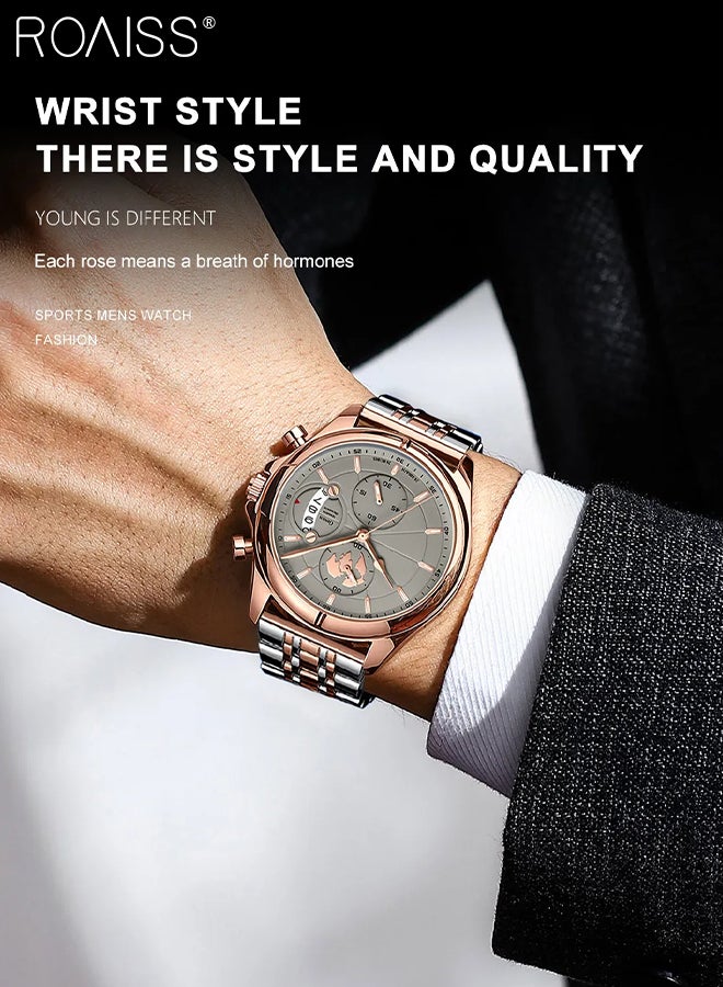 رويس ساعة كرونوغراف كوارتز بحزام من الفولاذ المقاوم للصدأ للرجال، ساعة بقرص دائري مع أقراص فرعية كرونوغراف، ساعة يد مضيئة مقاومة للماء كهدية للرجال - Image 2