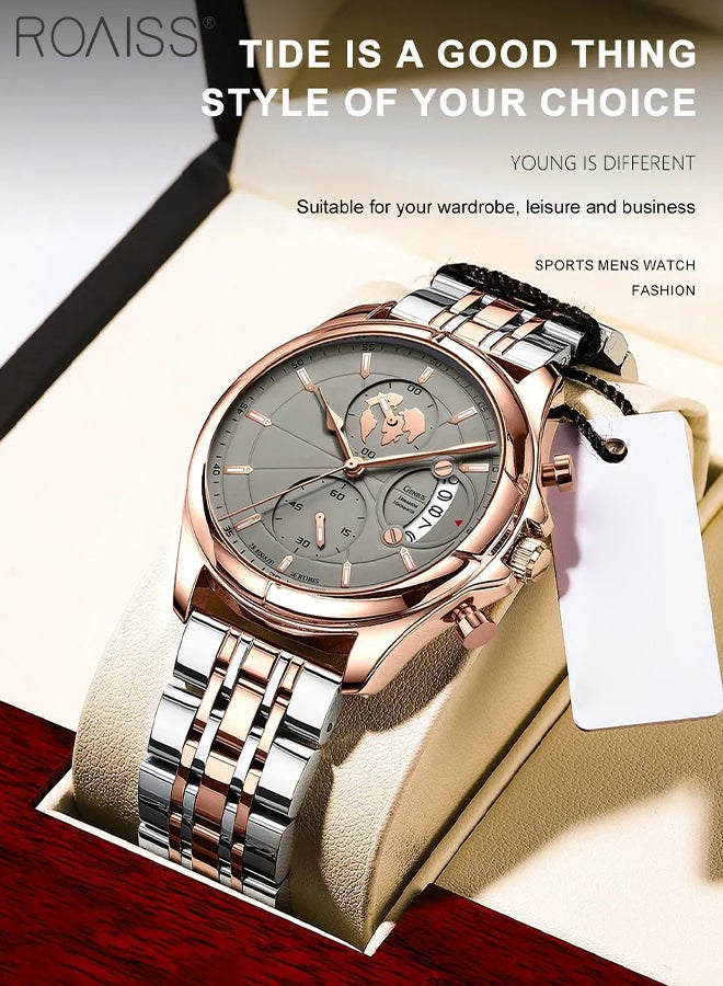 رويس ساعة كرونوغراف كوارتز بحزام من الفولاذ المقاوم للصدأ للرجال، ساعة بقرص دائري مع أقراص فرعية كرونوغراف، ساعة يد مضيئة مقاومة للماء كهدية للرجال - Image 3