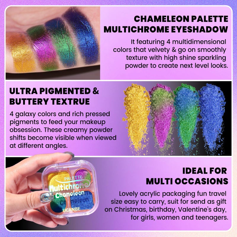 UCANBE Multichrome Chameleon Eyeshadow Makeup Palette, 4 Colors Holographic Metallic Glitter Eye Shadow Pallet, High Pigmented Creamy Duo Chrome Multidimensional Eye Make Up Kit - Image 2