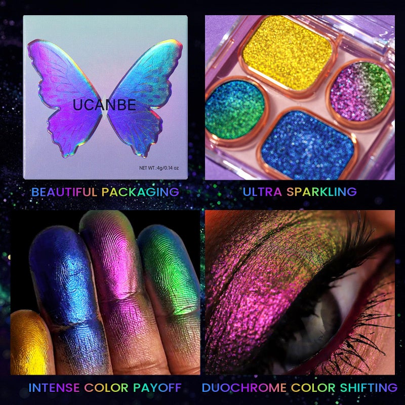 UCANBE Multichrome Chameleon Eyeshadow Makeup Palette, 4 Colors Holographic Metallic Glitter Eye Shadow Pallet, High Pigmented Creamy Duo Chrome Multidimensional Eye Make Up Kit - Image 5