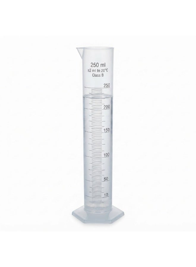 OMSONS Measuring Cylinder 250 ml Plastic | Polypropylene Graduated Measuring Cylinder with Clear Scale & Stable Base | Chemical Resistant Laboratory Measuring Cup for School, Chemistry & Research Labs - Image 1