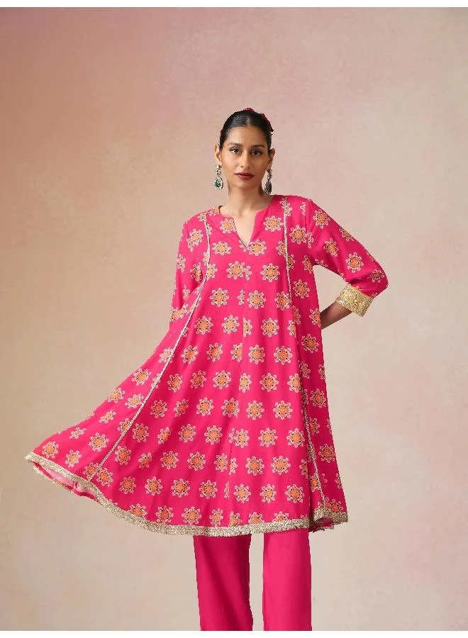 trueBrowns trueBrowns Pink Boota Print Viscose Flared Kurta Co-ord Set