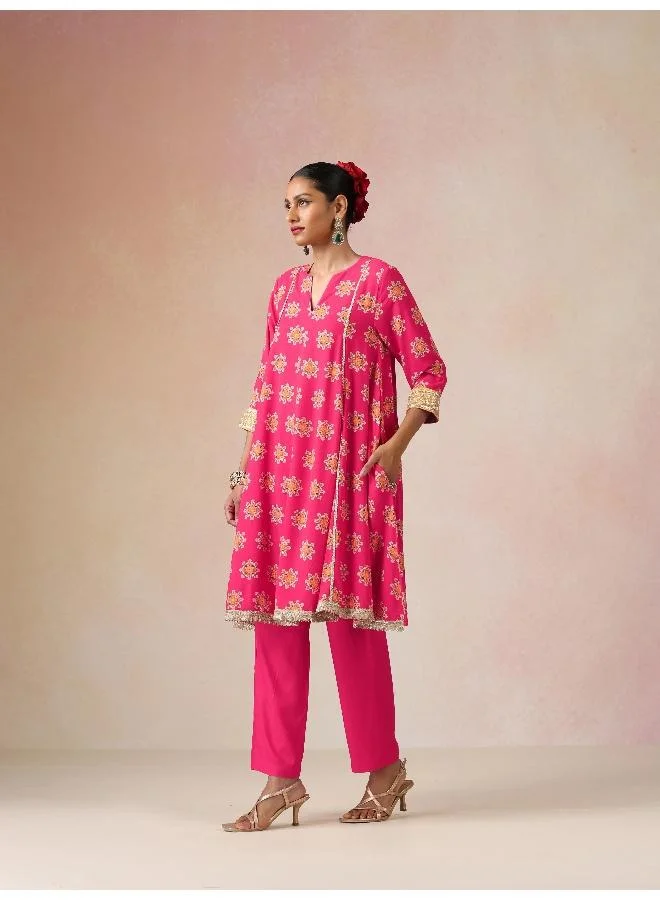 trueBrowns trueBrowns Pink Boota Print Viscose Flared Kurta Co-ord Set