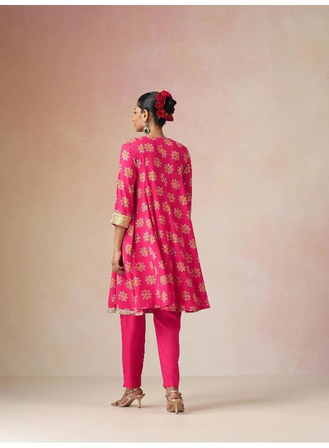 trueBrowns trueBrowns Pink Boota Print Viscose Flared Kurta Co-ord Set