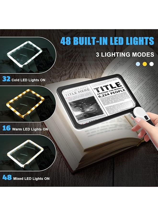 X spring Magnifying Glass With Light 5X Magnifying Glass For Reading Large Folding Lighted Magnifier With 48 Led Lights 3 Modes Handheld Full Page Magnifier For Seniors Low Vision Reading  - Image 3