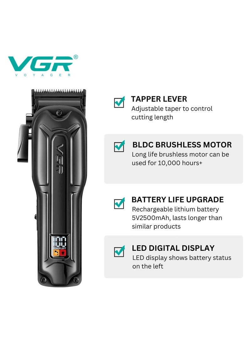 VGR V-138 Premium Metal Housing Hair Clipper 10000H+ Brushless motor (BLDC) Digital Display DLC coating Blade 2500 mAh battery USB charging 4 adjustable Taper Lever 4 Guide comb Runtime 180 min Black - Image 2