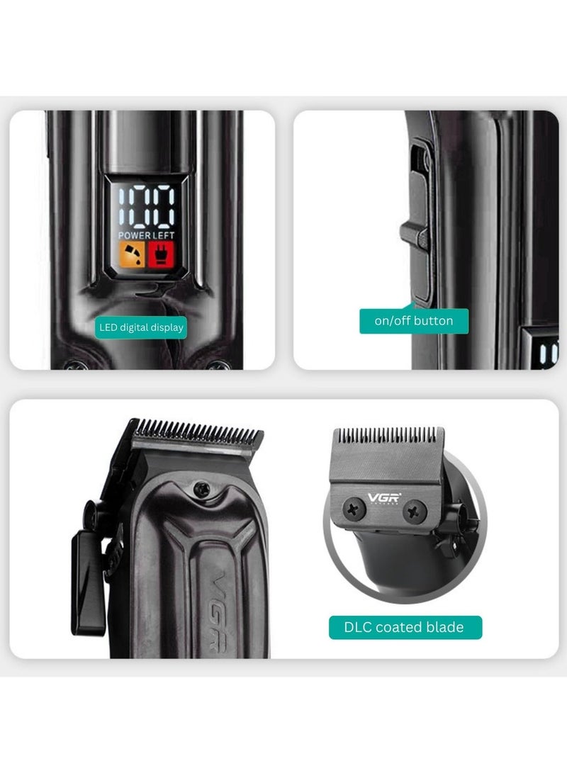 VGR V-138 Premium Metal Housing Hair Clipper 10000H+ Brushless motor (BLDC) Digital Display DLC coating Blade 2500 mAh battery USB charging 4 adjustable Taper Lever 4 Guide comb Runtime 180 min Black - Image 5