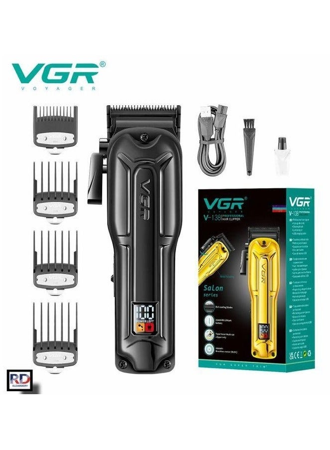 VGR V-138 Premium Metal Housing Hair Clipper 10000H+ Brushless motor (BLDC) Digital Display DLC coating Blade 2500 mAh battery USB charging 4 adjustable Taper Lever 4 Guide comb Runtime 180 min Black - Image 1