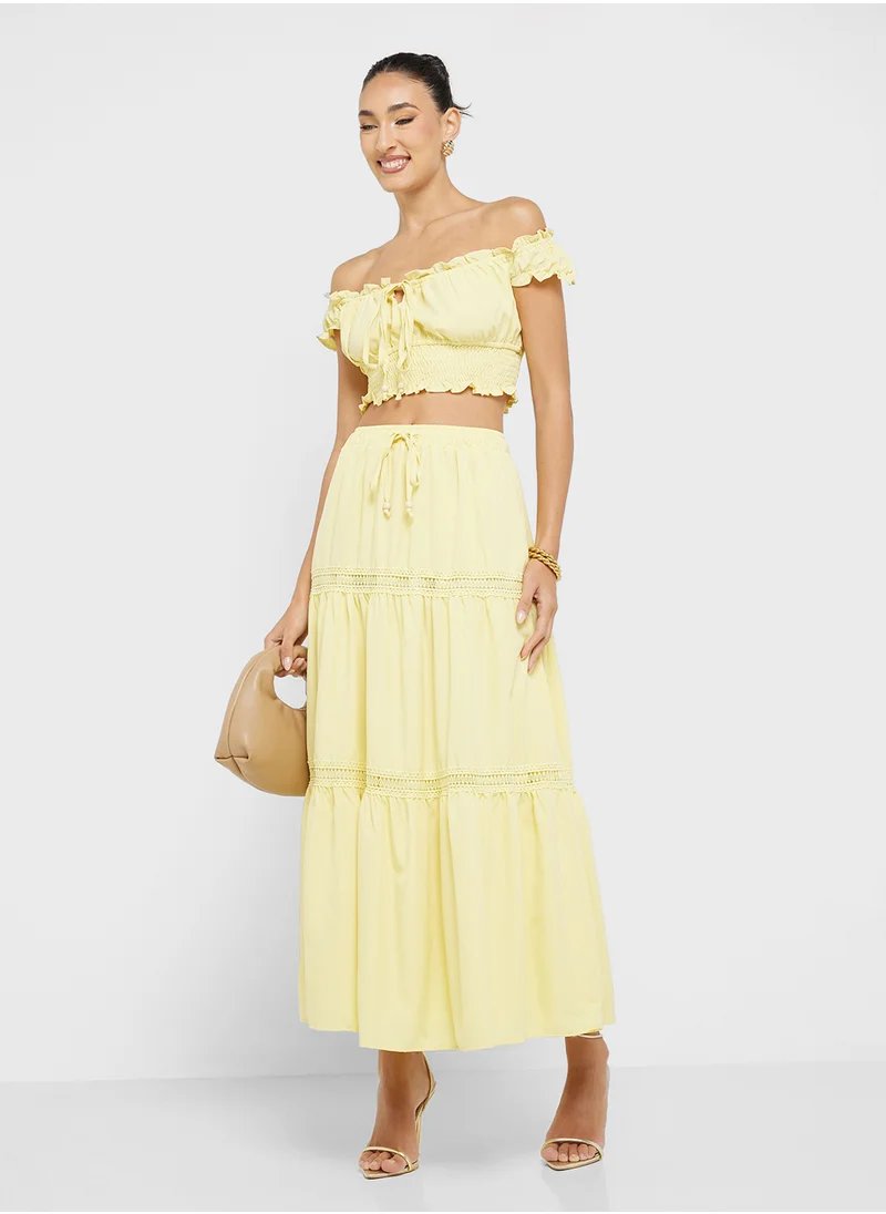 Ginger Off Shoulder Smocked Crop Top & Tiered Maxi Skirt Co-Ord Set